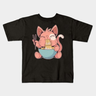 Cat Eating Ramen Japanese Art Kids T-Shirt